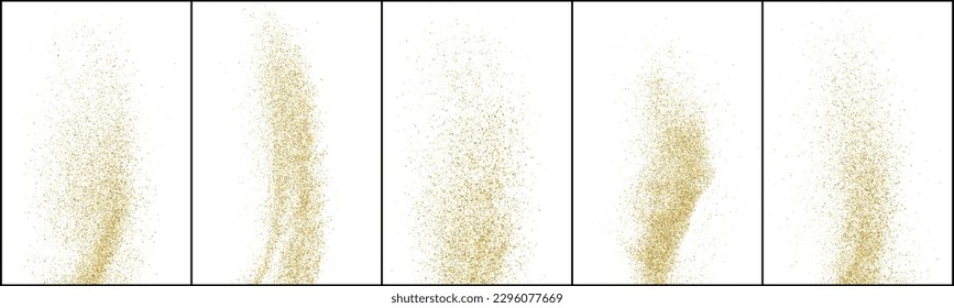 Gold glitter texture dust powder particle sparkle shine shimmer spray splash set collection flying scattered floating. Yellow golden isolated on white background abstract luxury celebration festive design. Five bright shiny element