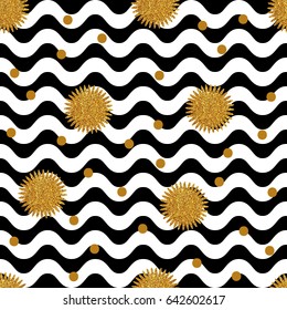 Gold glitter texture flowers and dots on black waves seamless pattern. Vector Illustration.