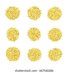 Gold glitter texture forms design elements isolated over white. Abstract golden sparkles of confetti. Vector illustration.