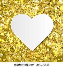 Gold glitter texture and heart frame. Gold glitter sticker in the shape of heart. Gold glitter heart sticker for gift, greeting card, present, shopping. Gold glitter texture in the shape of heart