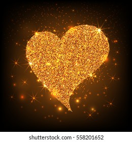 Gold glitter texture heart on star lights background. Vector Illustration.