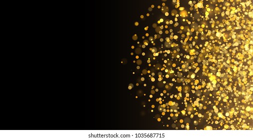 Gold glitter texture. Irregular confetti border on a black background. Christmas or party flyer design element. Vector illustration.