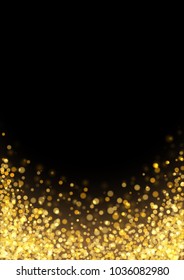 Gold glitter texture. Irregular confetti border on a black background. Christmas or party flyer design element. Vector illustration.