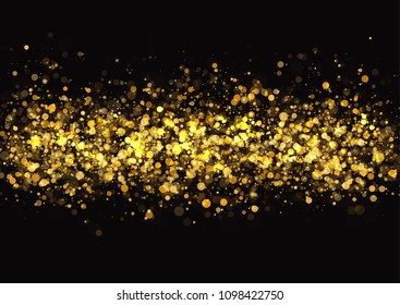 Gold glitter texture. Irregular confetti border on a black background. Christmas or party flyer design element. Vector illustration.