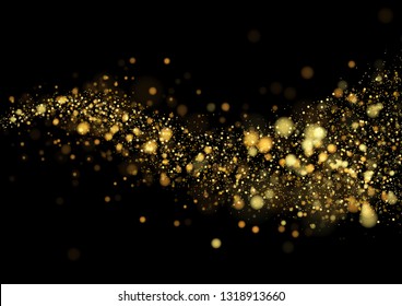 Gold glitter texture isolated with bokeh on black background. Particles color Celebratory. Golden explosion of confetti Design. Vector illustration