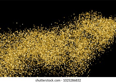 Gold glitter texture isolated on black. Amber particles color. Celebratory background. Golden explosion of confetti.