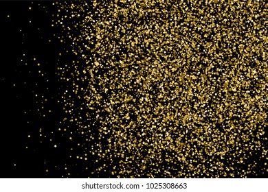 Gold glitter texture isolated on black. Amber particles color. Celebratory background. Golden explosion of confetti.