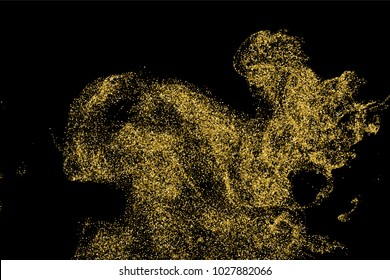 Gold glitter texture isolated on black. Amber particles color. Celebratory background. Golden explosion of confetti.