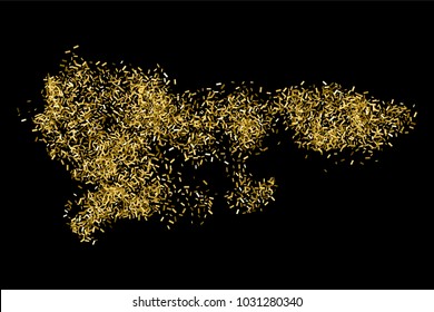 Gold glitter texture isolated on black. Amber particles color. Celebratory background. Golden explosion of confetti.