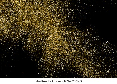 Gold glitter texture isolated on black. Amber particles color. Celebratory background. Golden explosion of confetti.