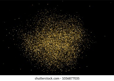 Gold glitter texture isolated on black. Amber particles color. Celebratory background. Golden explosion of confetti.