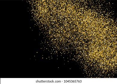 Gold glitter texture isolated on black. Amber particles color. Celebratory background. Golden explosion of confetti.