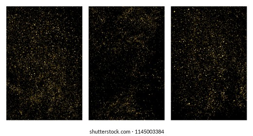 Gold glitter texture isolated on black. Amber particles color. Celebratory background. Golden explosion of confetti. Set vector illustration,eps 10.