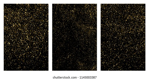 Gold glitter texture isolated on black. Amber particles color. Celebratory background. Golden explosion of confetti. Set vector illustration,eps 10.