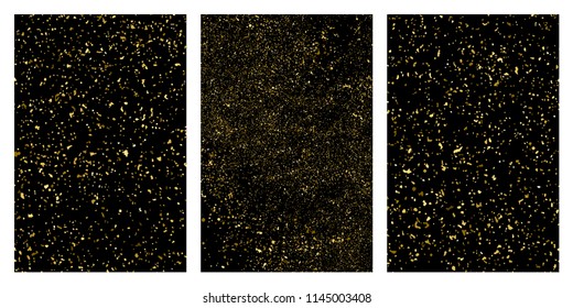 Gold glitter texture isolated on black. Amber particles color. Celebratory background. Golden explosion of confetti. Set vector illustration,eps 10.