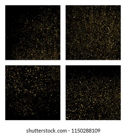 Gold glitter texture isolated on black square. Amber particles color. Celebratory background. Golden explosion of confetti. Set vector illustration,eps 10.