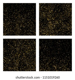 Gold glitter texture isolated on black square. Amber particles color. Celebratory background. Golden explosion of confetti. Set vector illustration,eps 10.