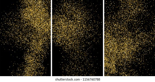 Gold glitter texture isolated on black. Amber particles color. Celebratory background. Golden explosion of confetti. Set vector illustration,eps 10.