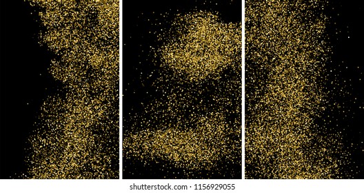 Gold glitter texture isolated on black. Amber particles color. Celebratory background. Golden explosion of confetti. Set vector illustration,eps 10.