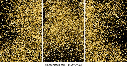 Gold glitter texture isolated on black. Amber particles color. Celebratory background. Golden explosion of confetti. Set vector illustration,eps 10.