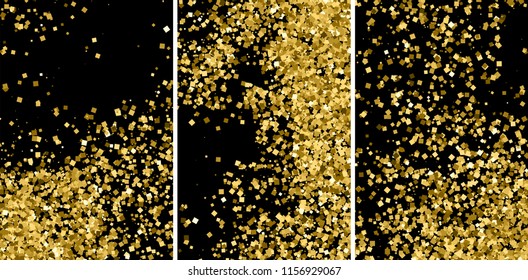 Gold glitter texture isolated on black. Amber particles color. Celebratory background. Golden explosion of confetti. Set vector illustration,eps 10.