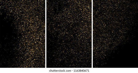 Gold glitter texture isolated on black. Amber particles color. Celebratory background. Golden explosion of confetti. Set vector illustration,eps 10.