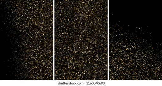 Gold glitter texture isolated on black. Amber particles color. Celebratory background. Golden explosion of confetti. Set vector illustration,eps 10.