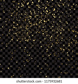 Gold glitter texture isolated on black transparent background, vector illustration. Confetti particles flying in the air, explosion golden fragments concept.