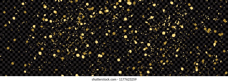 Gold glitter texture isolated on wide  black transparent background, vector illustration. Confetti particles flying in the air, explosion golden fragments concept.