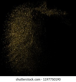 Gold glitter texture isolated on black. Amber particles color. Celebratory background. Golden explosion of confetti. Design element. Vector illustration, eps 10.
