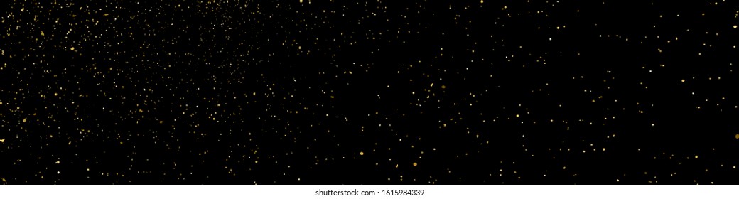 Gold Glitter Texture Isolated On Black. Amber Particles Color. Celebratory Panoramic Background. Golden Explosion Of Confetti. Long Horizontal Banner. Vector Illustration, Eps 10.