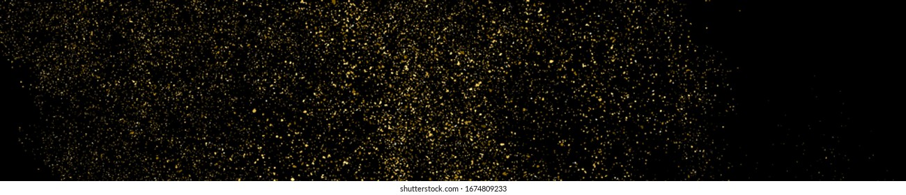 Textura de brillo dorado aislada en negro. Color de partículas ámbar. Fondo panorámico de celebración. Explosión dorada de confetti. Banner horizontal largo. Ilustración del vector, EPS 10.