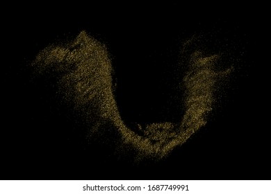 Gold glitter texture isolated on black. Amber particles color. Celebratory background. Golden explosion of confetti. Design element. Digitally generated image. Vector illustration, EPS 10.