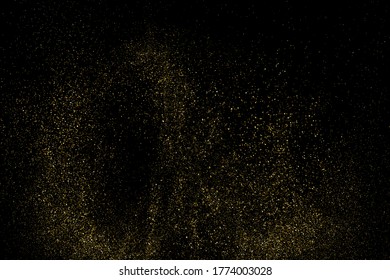 Gold Glitter Textur einzeln auf Schwarz. Farbe der gelben Partikel. Feierlicher Hintergrund. Goldene Explosion von Confetti. Design-Element. Digitales Bild. Vektorgrafik, EPS10.