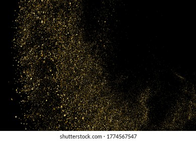 Gold glitzernde Textur einzeln auf Schwarz. Farbe der gelben Partikel. Feierlicher Hintergrund. Goldene Explosion von Konfetti. Design-Element. Digitales Bild. Vektorgrafik, EPS10.