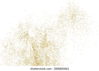 Gold Glitter Textur einzeln auf Weiß. Farbe der gelben Partikel. Feierlicher Hintergrund. Goldene Explosion von Confetti. Vektorgrafik, EPS10.
