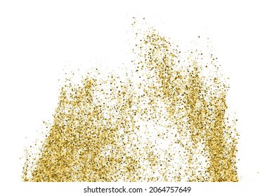 Gold Glitter Textur einzeln auf Weiß. Farbe der gelben Partikel. Feierlicher Hintergrund. Goldene Explosion von Confetti. Vektorgrafik, EPS10.