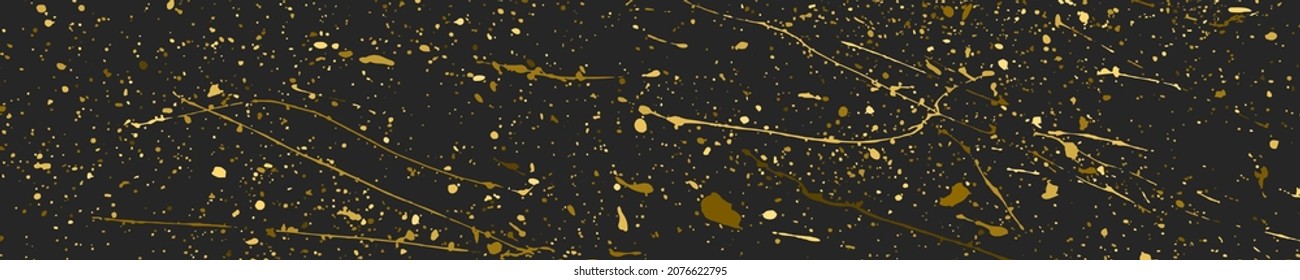 Gold Glitter Texture Isolated On Black. Abstract Golden Splashes. Wide Horizontal Long Banner. Panoramic Celebratory Background. Digitally Generated Image. Vector Illustration, EPS 10.