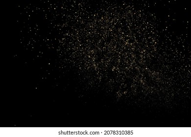 Gold Glitter Textur einzeln auf schwarzem Hintergrund. Goldener Sternenstaub. Farbe der gelben Partikel. Funkeln regnen. Vektorgrafik, EPS10.