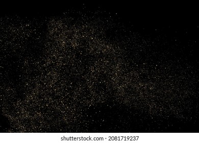 Gold Glitter Textur einzeln auf schwarzem Hintergrund. Goldener Sternenstaub. Farbe der gelben Partikel. Funkeln regnen. Vektorgrafik, EPS10.