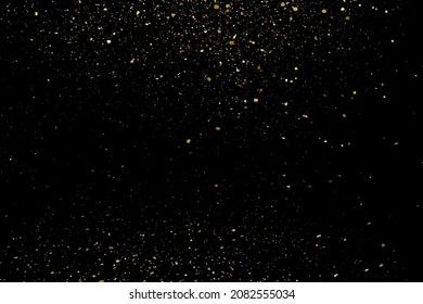 Gold Glitter Texture Isolated On Black Background. Golden Stardust. Amber Particles Color. Sparkles Rain. Vector Illustration, Eps 10.
