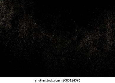 Gold Glitter Textur einzeln auf schwarzem Hintergrund. Goldener Sternenstaub. Farbe der gelben Partikel. Funkeln regnen. Vektorgrafik, EPS10.