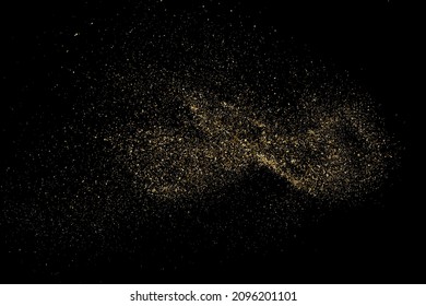 Textura de brillo dorado aislada en fondo negro. Grano de oro. Color de las partículas ámbar. Lluvia de espárragos. Ilustración De Vectores, Eps 10.