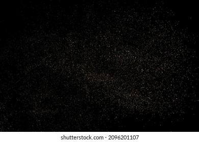 Gold Glitter Textur einzeln auf schwarzem Hintergrund. Goldener Sternenstaub. Farbe der gelben Partikel. Funkeln regnen. Vektorgrafik, EPS10.