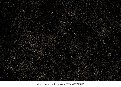 Gold Glitter Textur einzeln auf schwarzem Hintergrund. Goldener Sternenstaub. Farbe der gelben Partikel. Funkeln regnen. Vektorgrafik, EPS10.