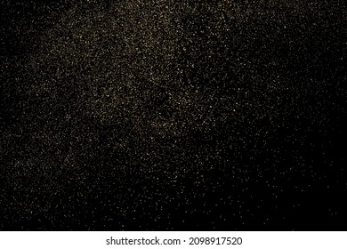 Gold Glitter Textur einzeln auf schwarzem Hintergrund. Goldener Sternenstaub. Farbe der gelben Partikel. Funkeln regnen. Vektorgrafik, EPS10.