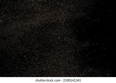 Gold Glitter Texture Isolated on Black Background. Golden stardust. Amber Particles Color. Sparkles Rain. Vector Illustration, Eps 10.