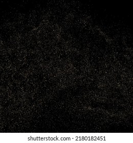 Gold Glitter Textur einzeln auf schwarzem Hintergrund. Goldener Sternenstaub. Farbe der gelben Partikel. Funkeln regnen. Quadratische Form. Vektorgrafik, EPS10.