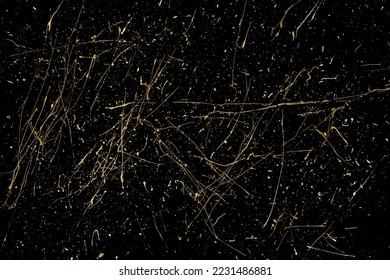 Gold Glitter Texture Isolated on Black Background. Golden Splash Silhouette. Amber Particles Color. Sparkles Rain. Vector Illustration, Eps 10.