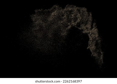 Textura de brillo dorado aislada en fondo negro. Grano de oro. Color de las partículas ámbar. Lluvia de espárragos. Ilustración De Vectores, Eps 10.